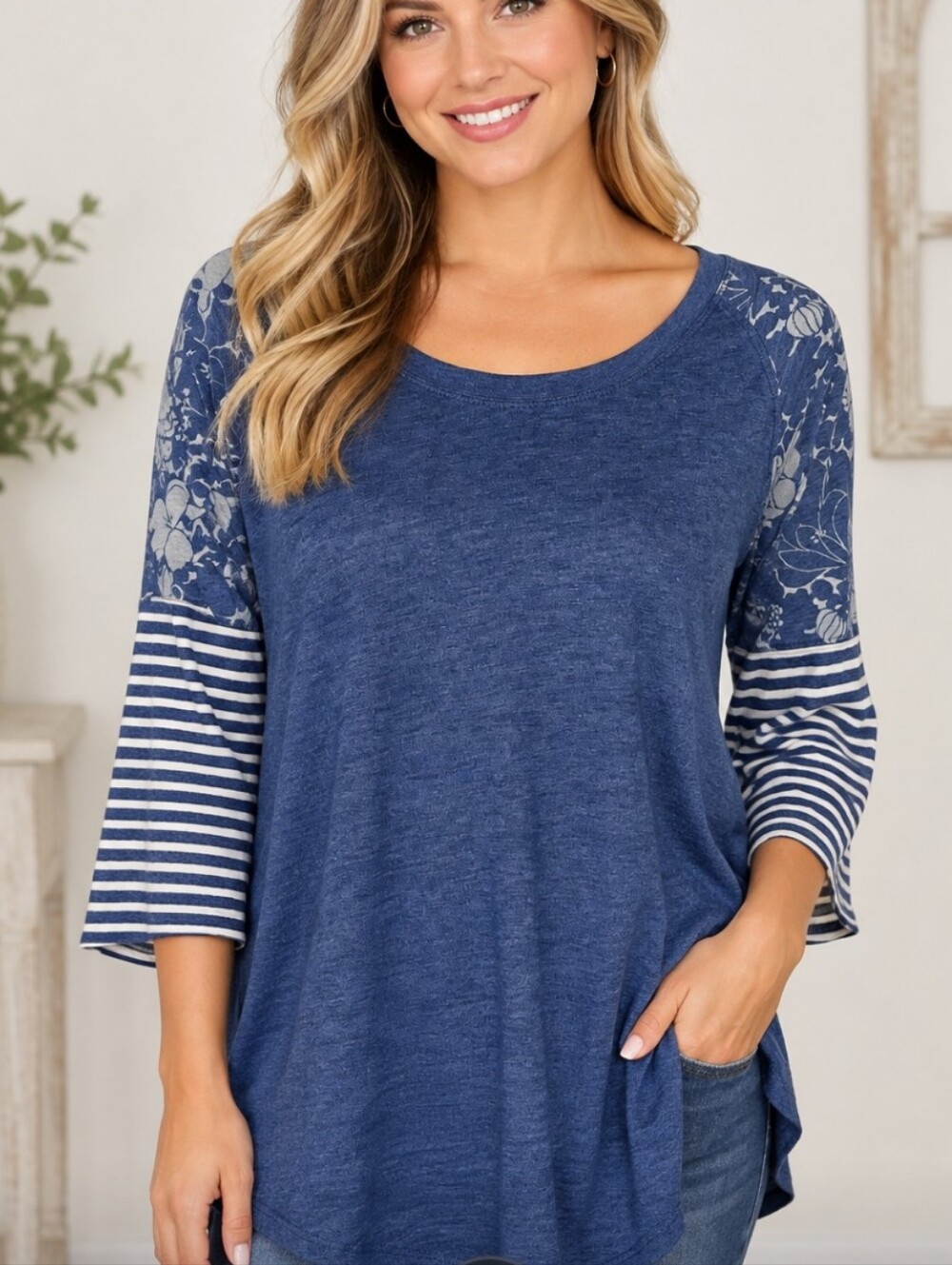 J. Crew Blue Mixed-Print 3/4  Sleeve Tee